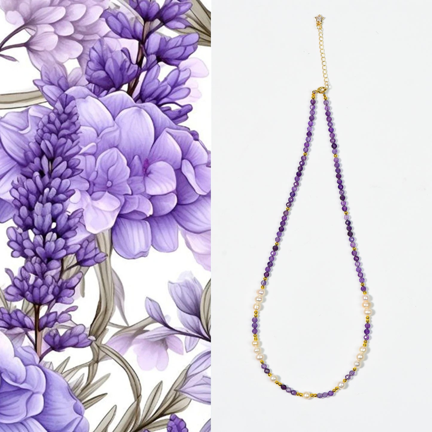 Galaxy Fragments · Amethyst Facet Collarbone Chain: When the mysterious Amethyst Meets the Warm Pearl