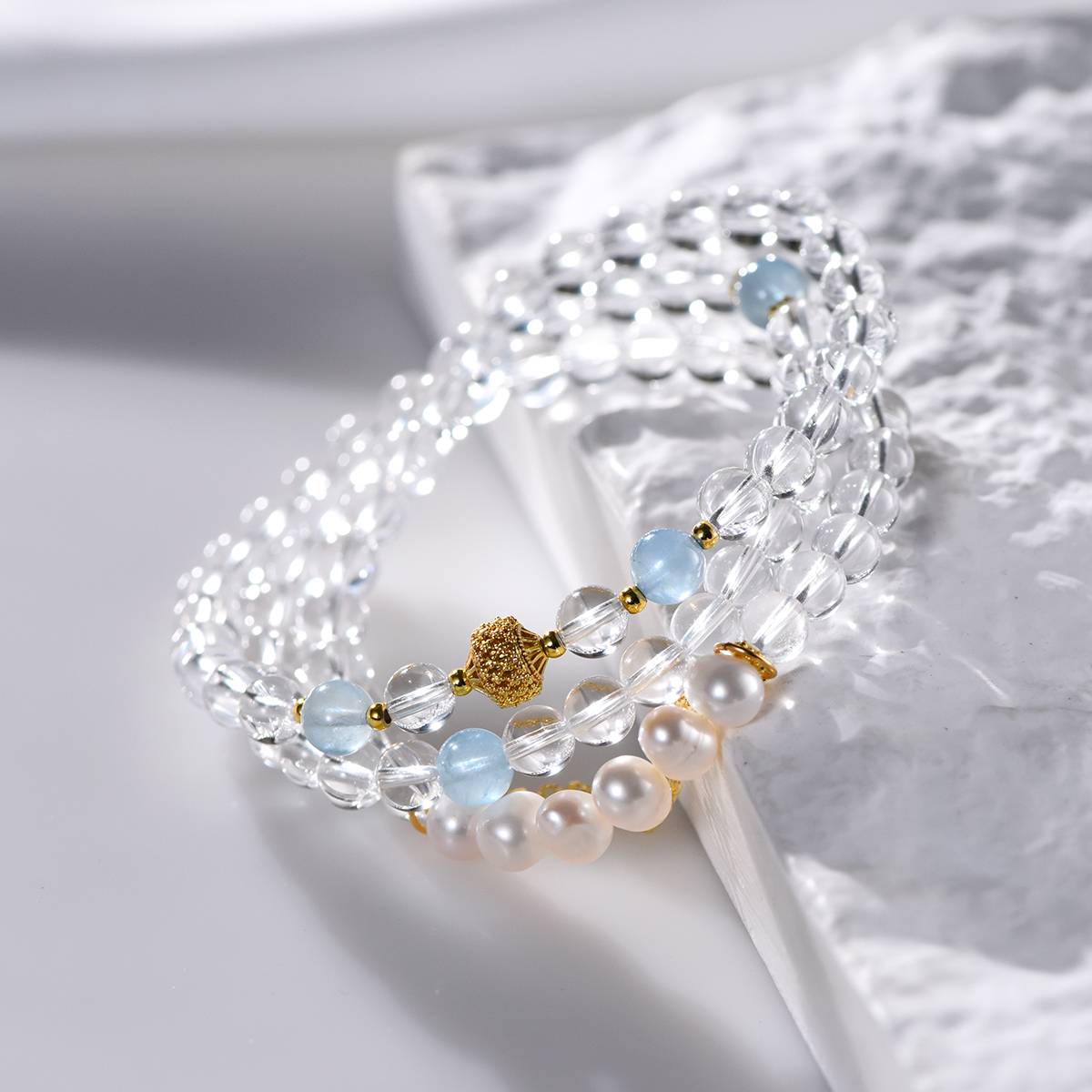 Azure Sanctuary: Triple Strand White Quartz, Aquamarine & Pearl Bracelet