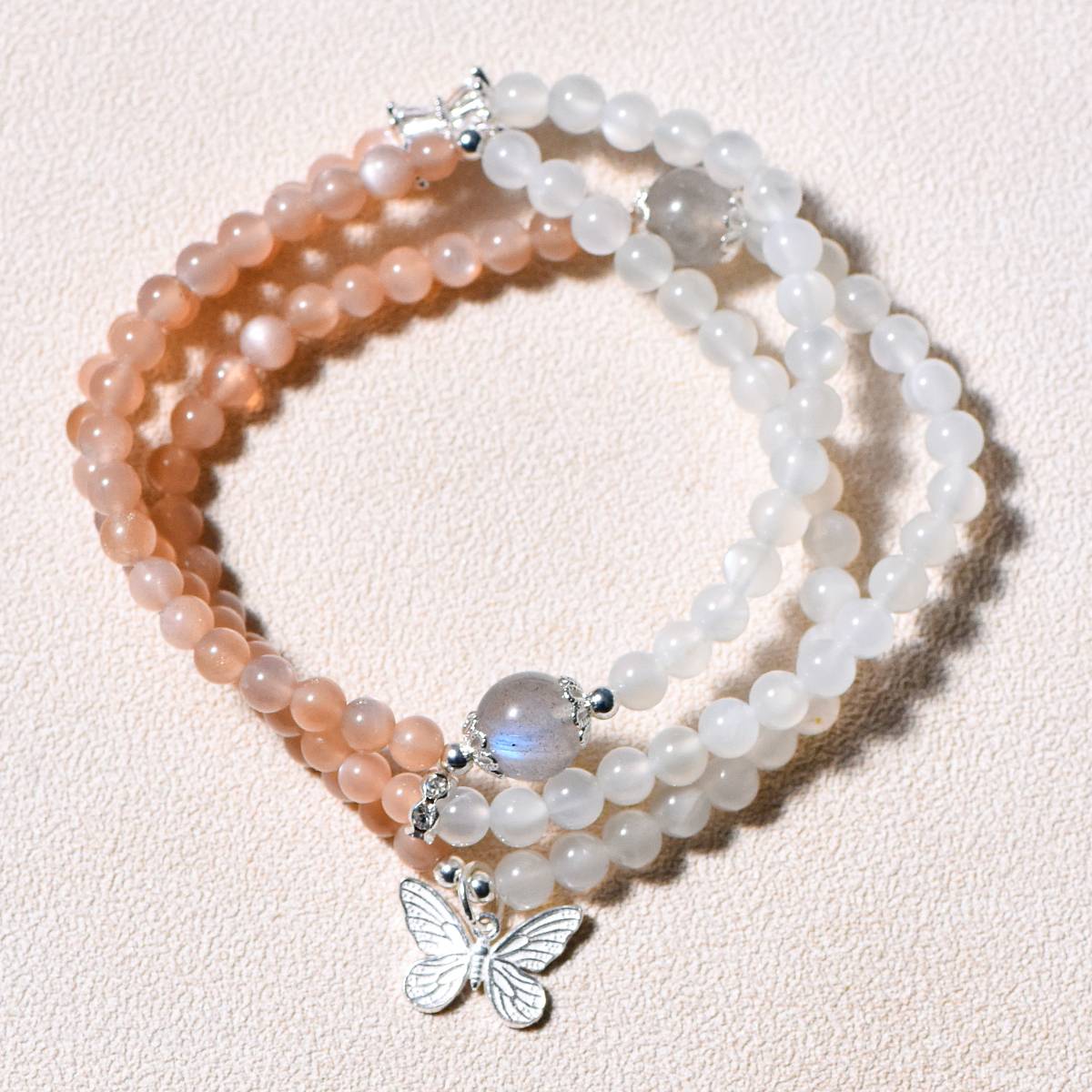 "Star and Moon Trio" Golden sand orange Moonlight + Lemon white Moonlight three-loop bracelet with grey moonlight lapis lazuli top bead