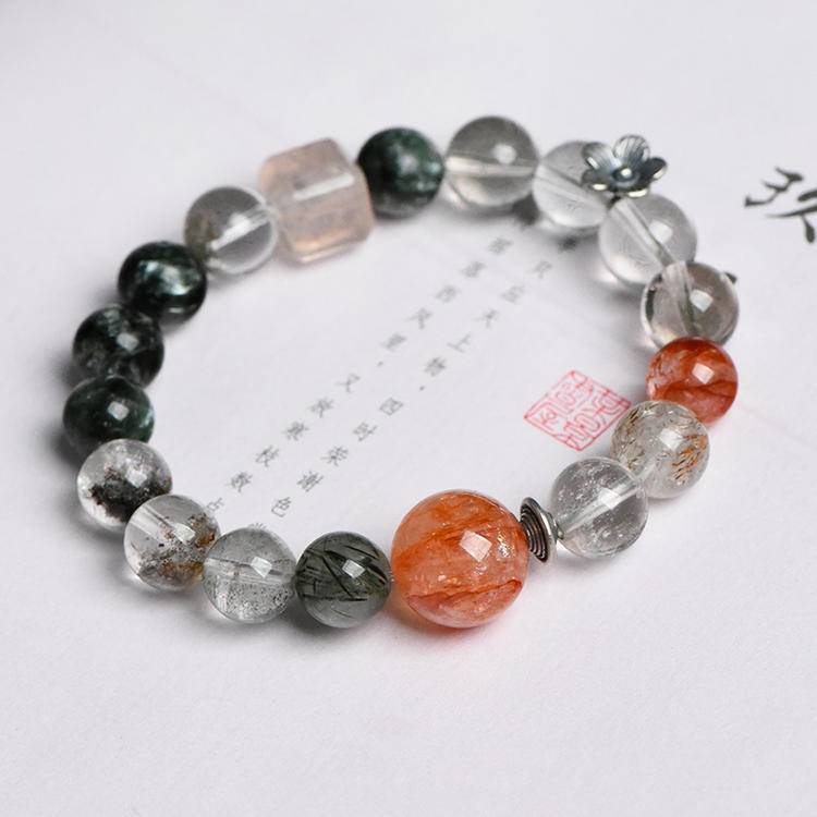 Green dragon crystal Green Ghost Red Gel Flower bracelet: 13mm Blood Flame top bead · Triple Green Energy Wealth Array