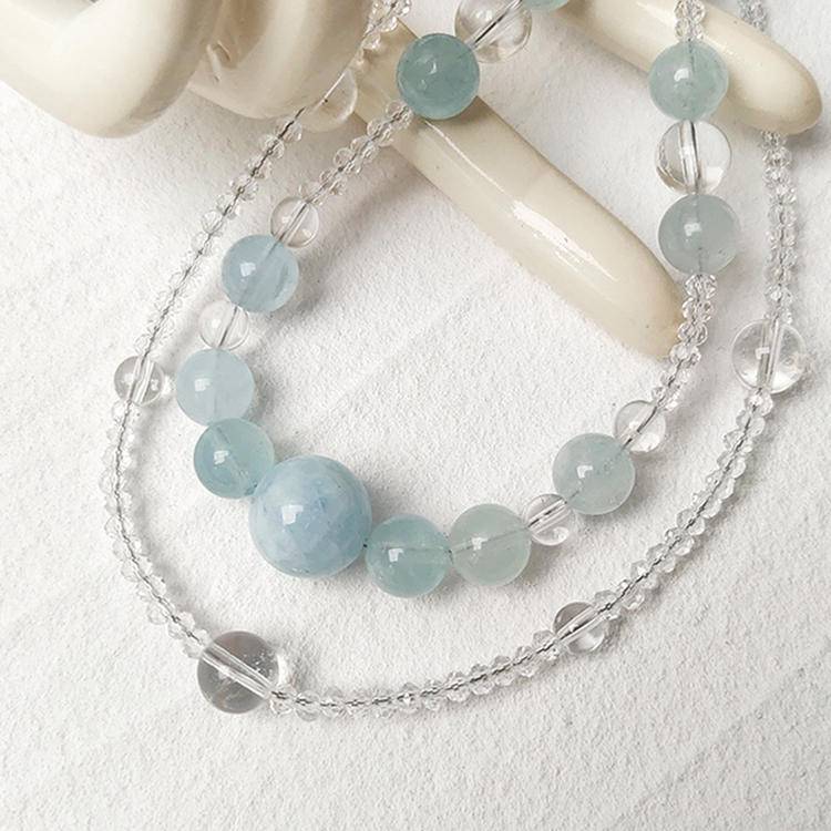Double Chain layering · Double Tenderness: Aquamarine & White crystal double-loop layering necklace, locking in clear tranquility and pure energy