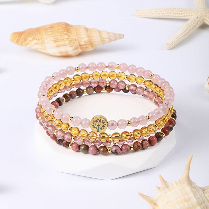 Heart Chakra Sustainable Garden: Rose Quartz, Citrine, Strawberry Crystal, Rose Rose Four-level Love and Happiness Energy Ring