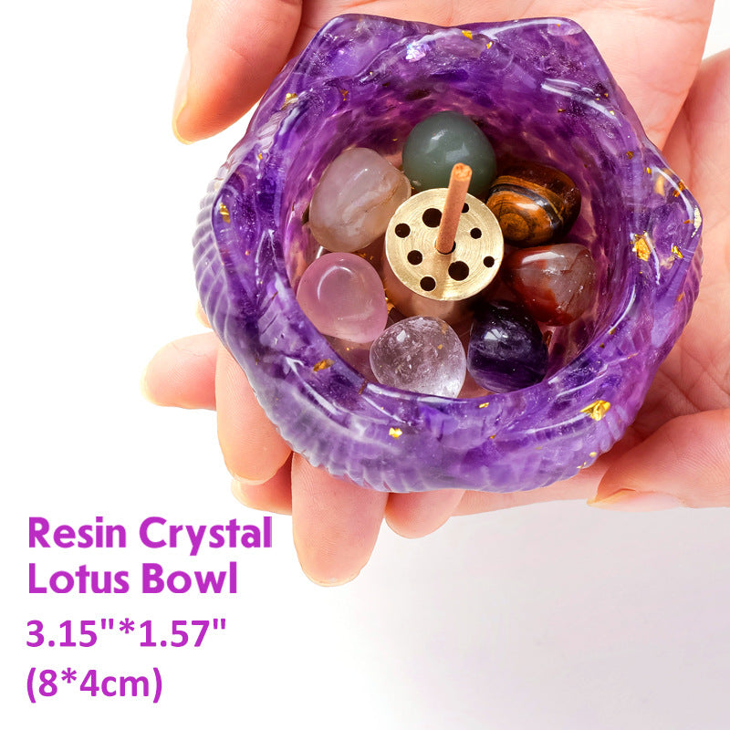 Lotus Realm · Crystal Language: Purple and Pink Twin Lotus Bowl Incense Set & Seven Chakra Energy Rolling Stone