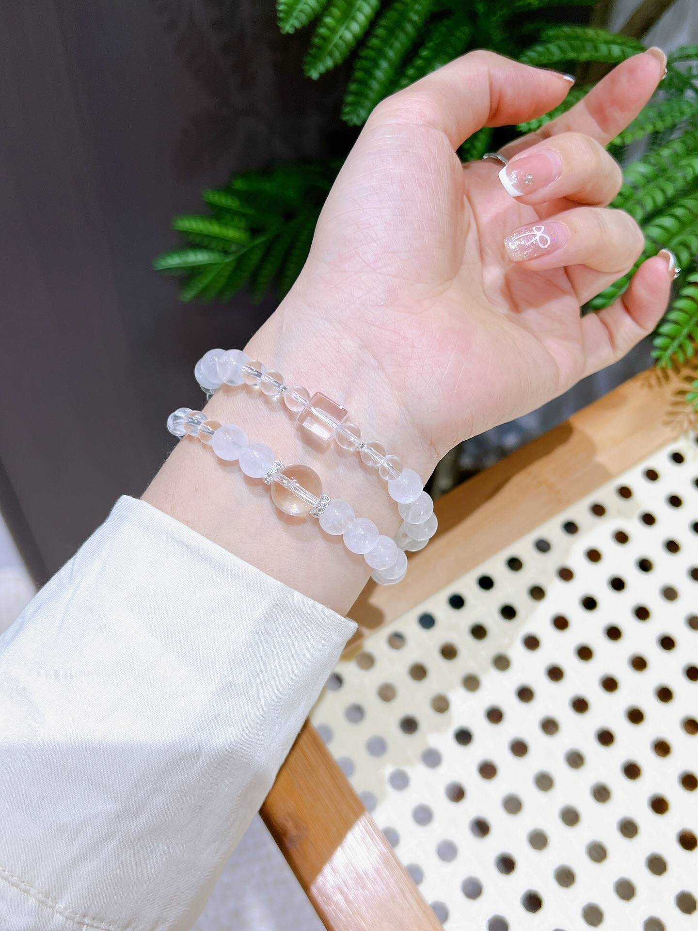 Twin Realms: Double Strand White Quartz & White Phantom Bracelet