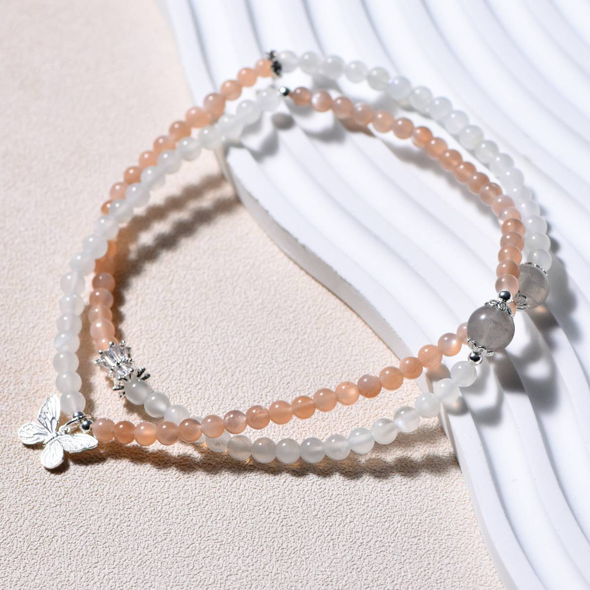 "Star and Moon Trio" Golden sand orange Moonlight + Lemon white Moonlight three-loop bracelet with grey moonlight lapis lazuli top bead