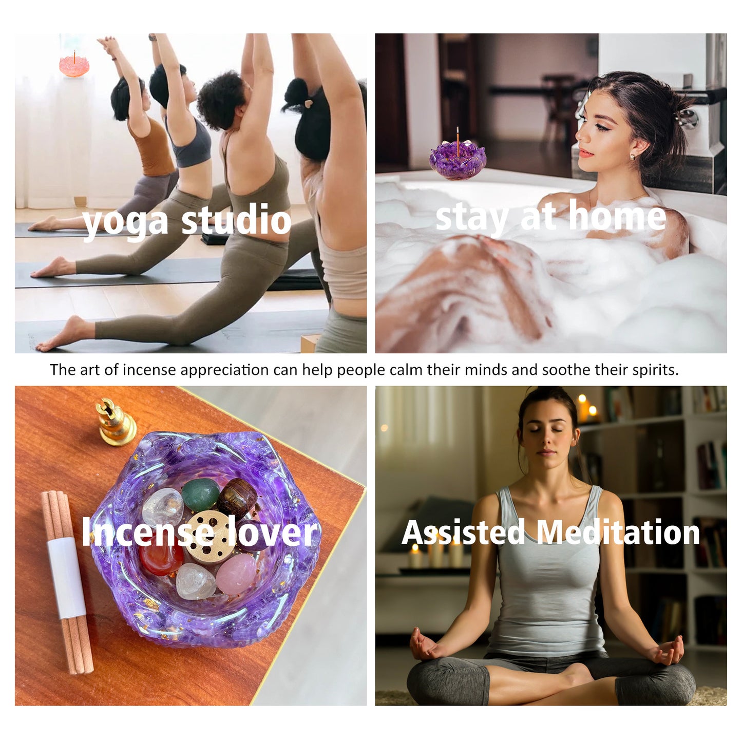 Lotus Realm · Crystal Language: Purple and Pink Twin Lotus Bowl Incense Set & Seven Chakra Energy Rolling Stone