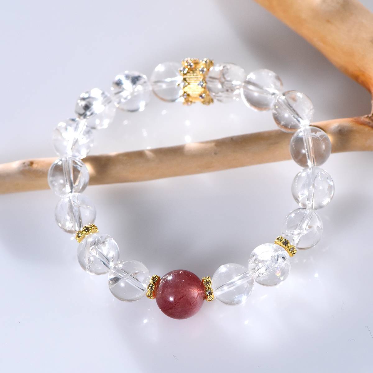 Rainbow Frequency: White Azeztulite & Strawberry Quartz 14K Gold Bracelet