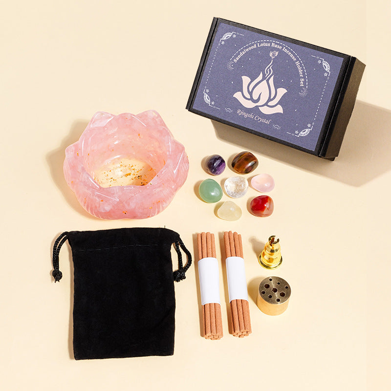 Lotus Realm · Crystal Language: Purple and Pink Twin Lotus Bowl Incense Set & Seven Chakra Energy Rolling Stone
