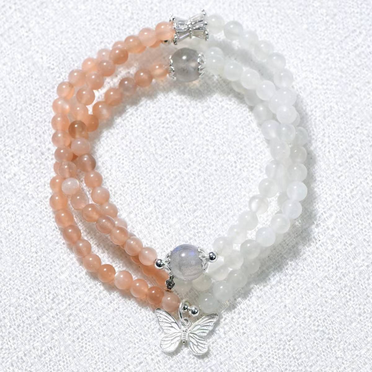 "Star and Moon Trio" Golden sand orange Moonlight + Lemon white Moonlight three-loop bracelet with grey moonlight lapis lazuli top bead