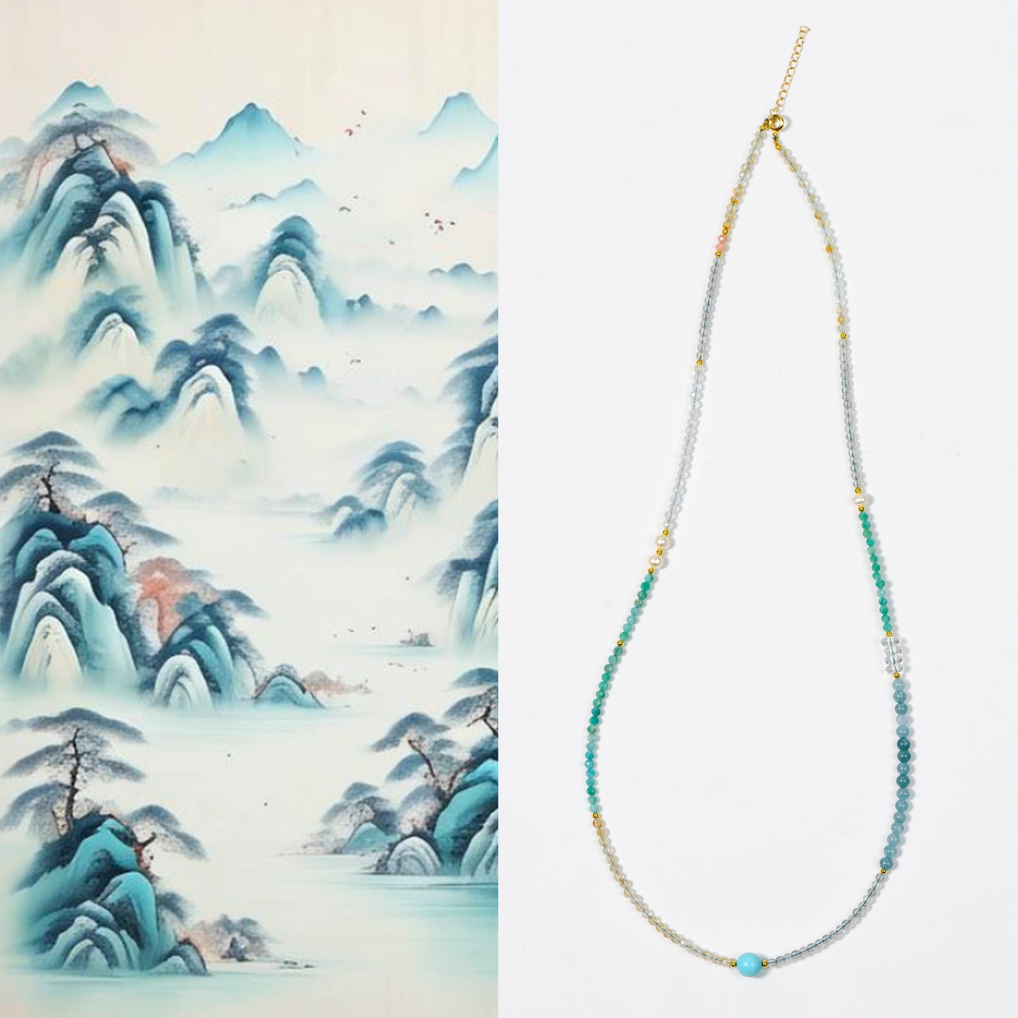 A hidden paradise of sea islands · Multi-Treasure Energy Collarbone Chain: The clear waves of aquamarine and the ripples of Tianhe stone jointly compose the wind of the ocean
