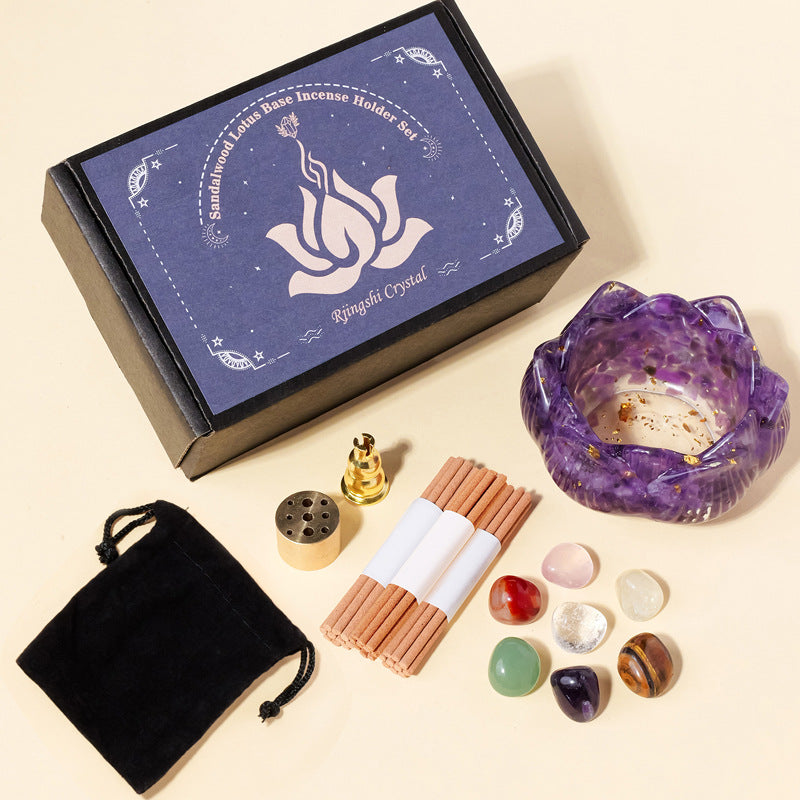 Lotus Realm · Crystal Language: Purple and Pink Twin Lotus Bowl Incense Set & Seven Chakra Energy Rolling Stone