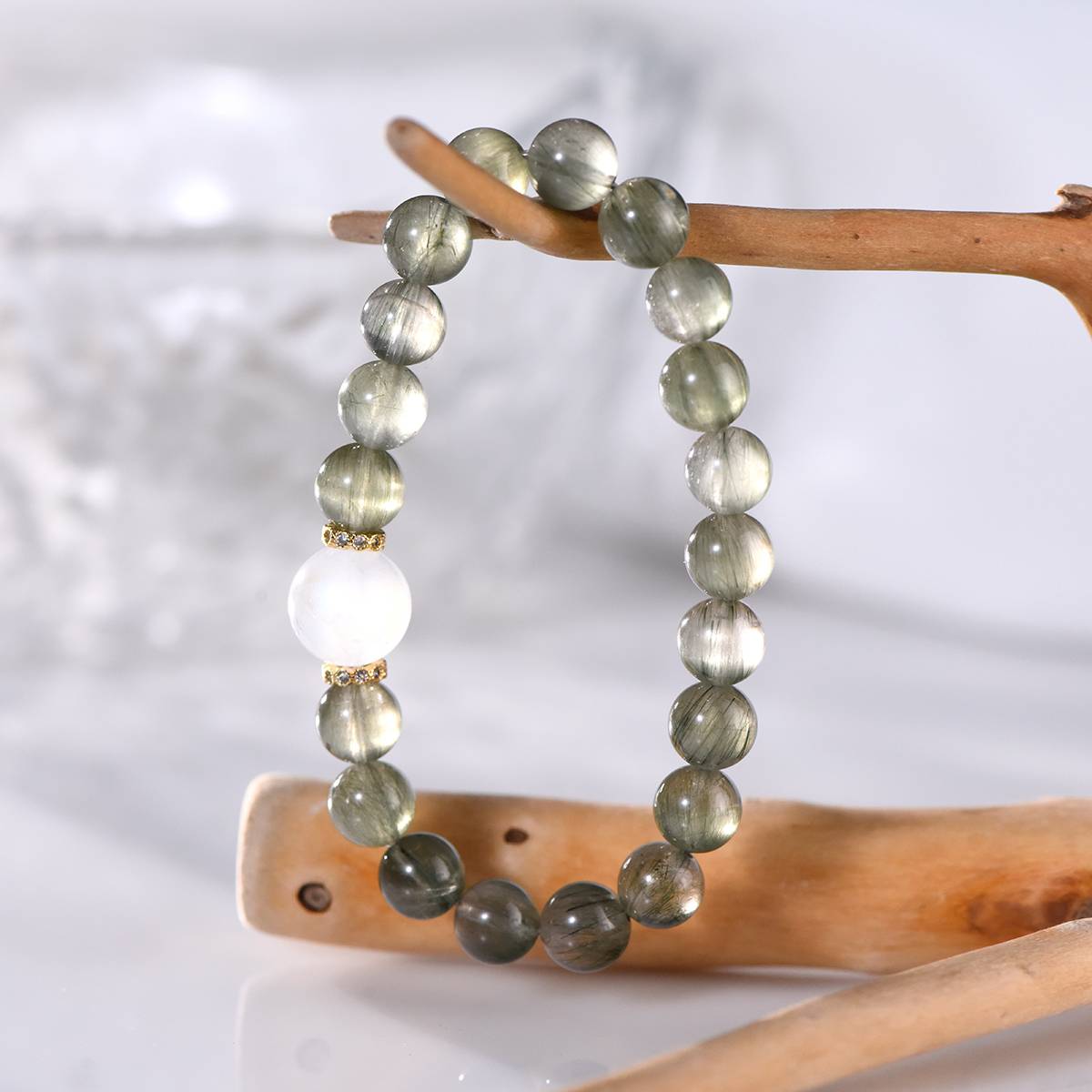 "Star River Wish" Green Hair Crystal Moonstone Bracelet: A Natural Romance bestowed upon her · Protection and Good luck always by her side