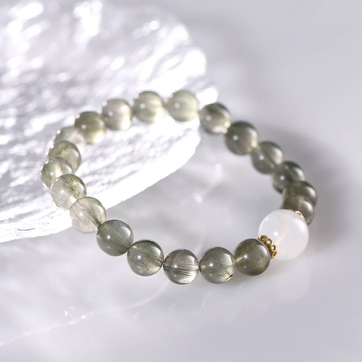 "Star River Wish" Green Hair Crystal Moonstone Bracelet: A Natural Romance bestowed upon her · Protection and Good luck always by her side