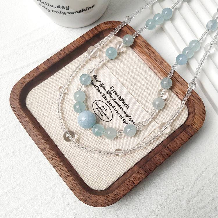Double Chain layering · Double Tenderness: Aquamarine & White crystal double-loop layering necklace, locking in clear tranquility and pure energy