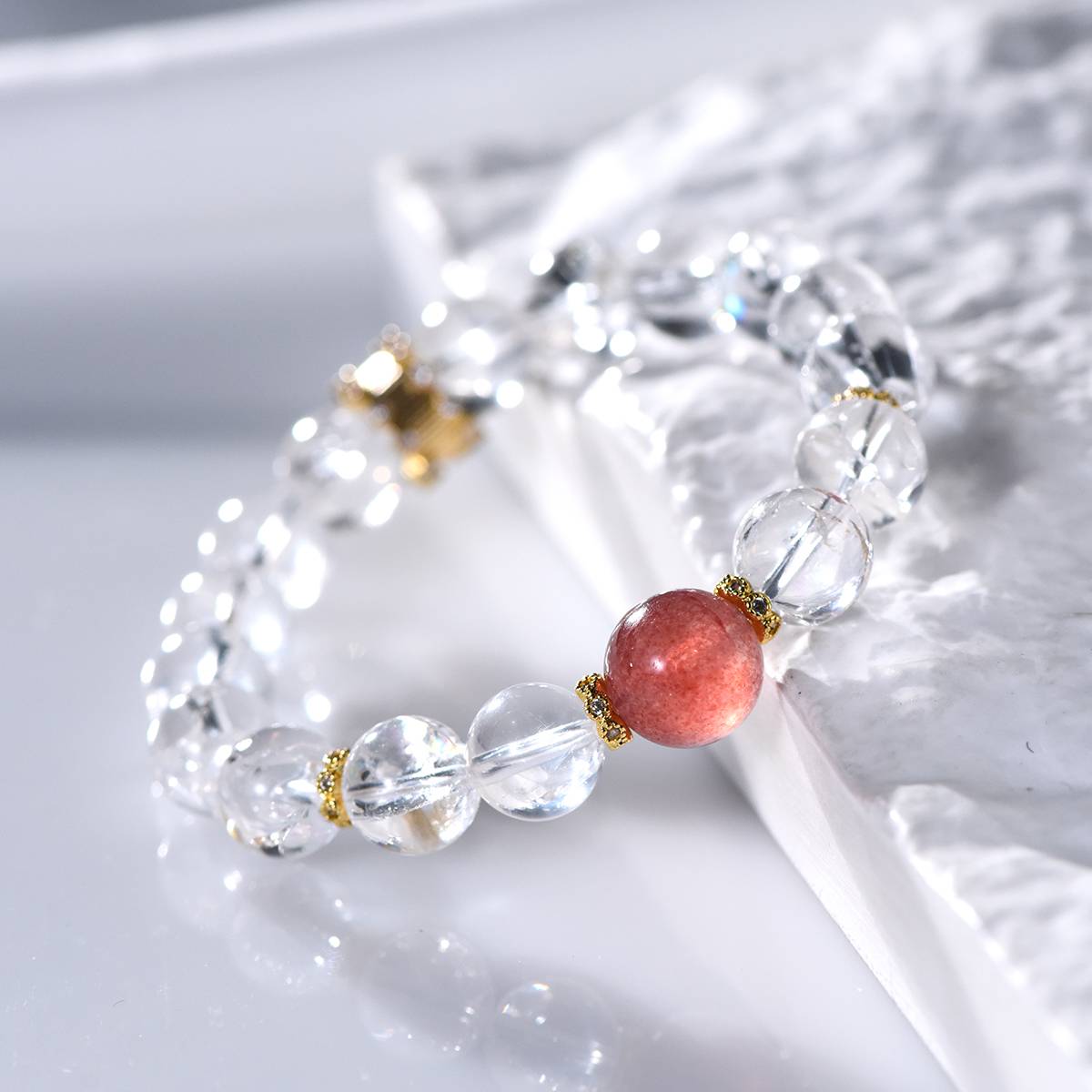 Rainbow Frequency: White Azeztulite & Strawberry Quartz 14K Gold Bracelet