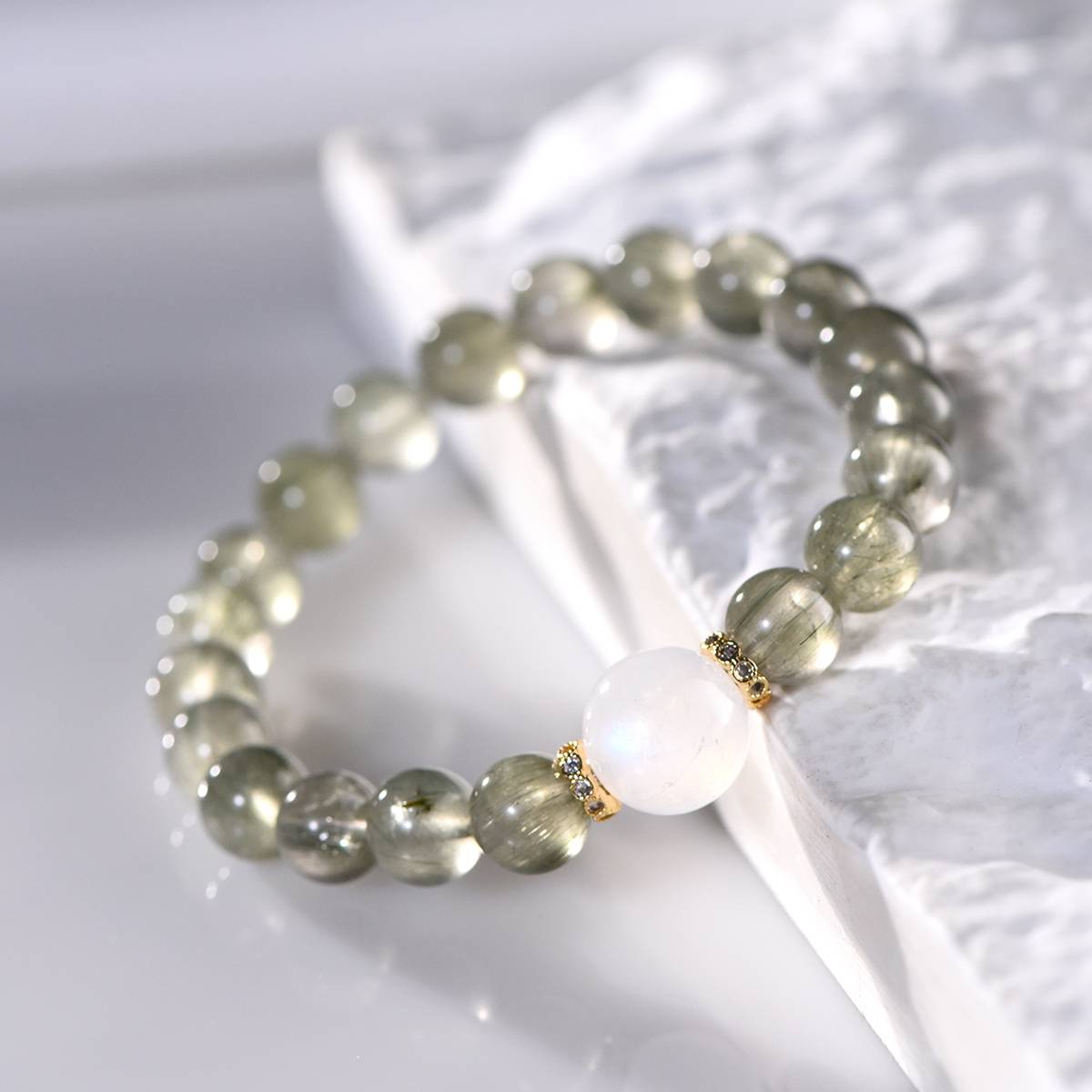 "Star River Wish" Green Hair Crystal Moonstone Bracelet: A Natural Romance bestowed upon her · Protection and Good luck always by her side
