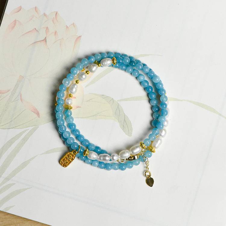 Necklace Name: "Mermaid's Tears" Aquamarine and Pearl Interwoven Collarbone chain