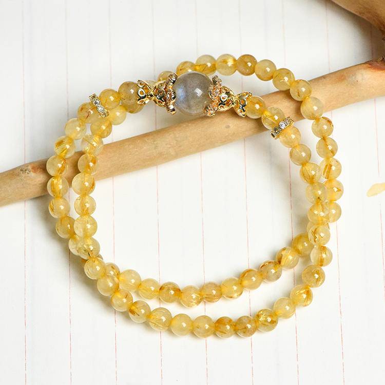 "Sun and Moon Echoes" Double Ring Golden Hair Crystal Grey Moonlight Bracelet: 5mm Fine Golden Glow + 10mm Cool Moonlight โจ๐