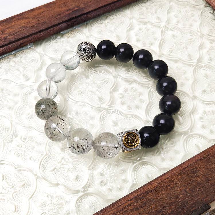 Night Bastion: Black Obsidian & Sheen Obsidian Men's Bracelet