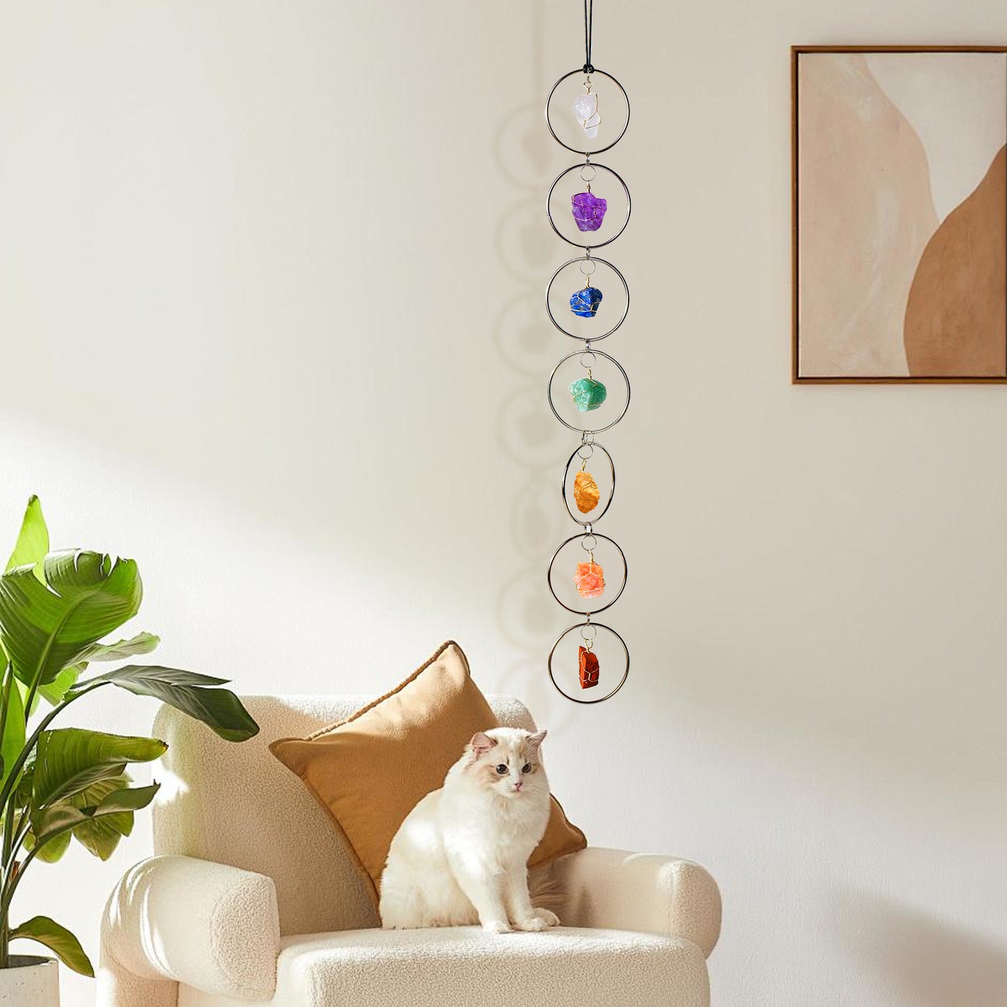 "Seven-color Flow · Energy Resonance" Natural seven-color crystal rough stone circular pendant: Yoga Chakra Companion · Home Wind Chime Energy Field