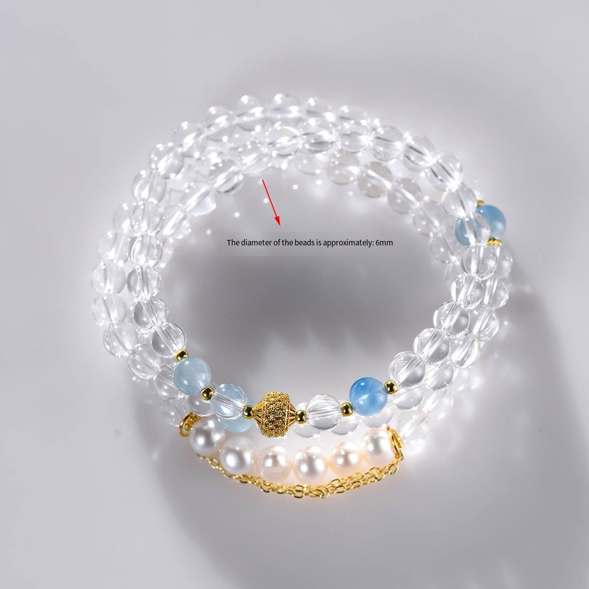 Azure Sanctuary: Triple Strand White Quartz, Aquamarine & Pearl Bracelet