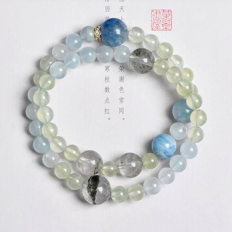🌊🌿 The five elements water and wood shine together · Wisdom and wealth twin . Aquamarine Green Ghost Blue Crystal Double Loop bracelet