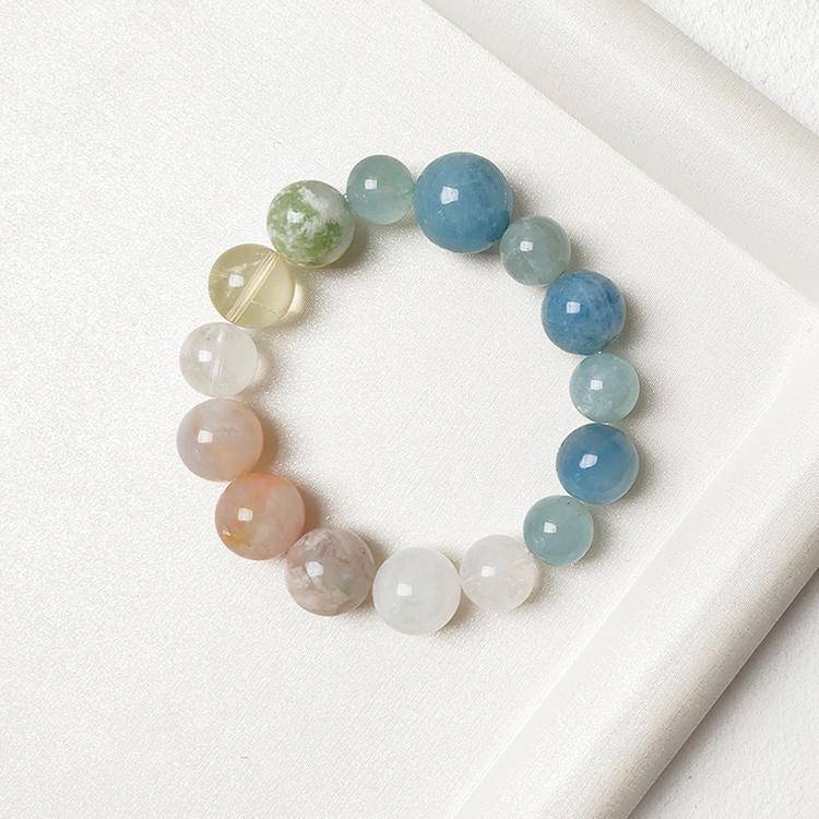 Sakura Promenade: Aquamarine, Xiuyan Jade & Cherry Blossom Agate Bracelet
