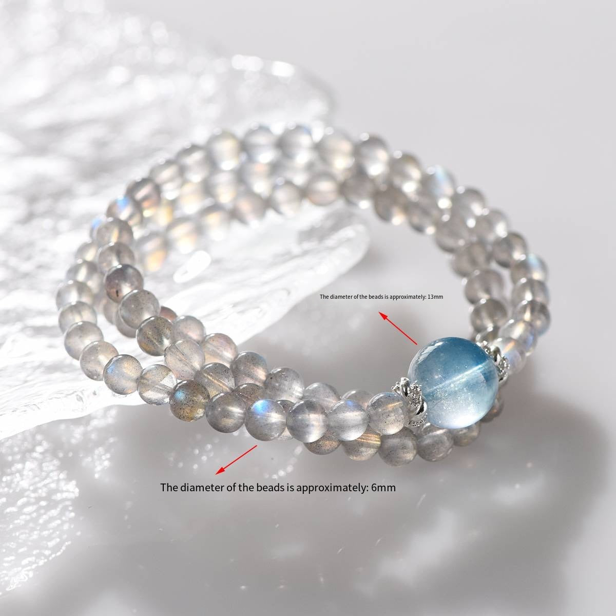 "Deep Dive Repair" Grey Moon Aquamarine Multi-Loop Transport Bead Bracelet: 6mm Grey Moon Matrix · 13mm Aquamarine Pivot · Silver Track Energy Net