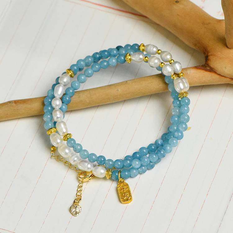 Necklace Name: "Mermaid's Tears" Aquamarine and Pearl Interwoven Collarbone chain