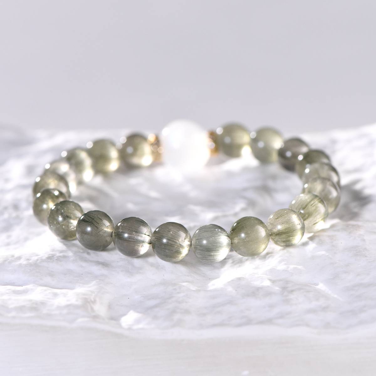 "Star River Wish" Green Hair Crystal Moonstone Bracelet: A Natural Romance bestowed upon her · Protection and Good luck always by her side