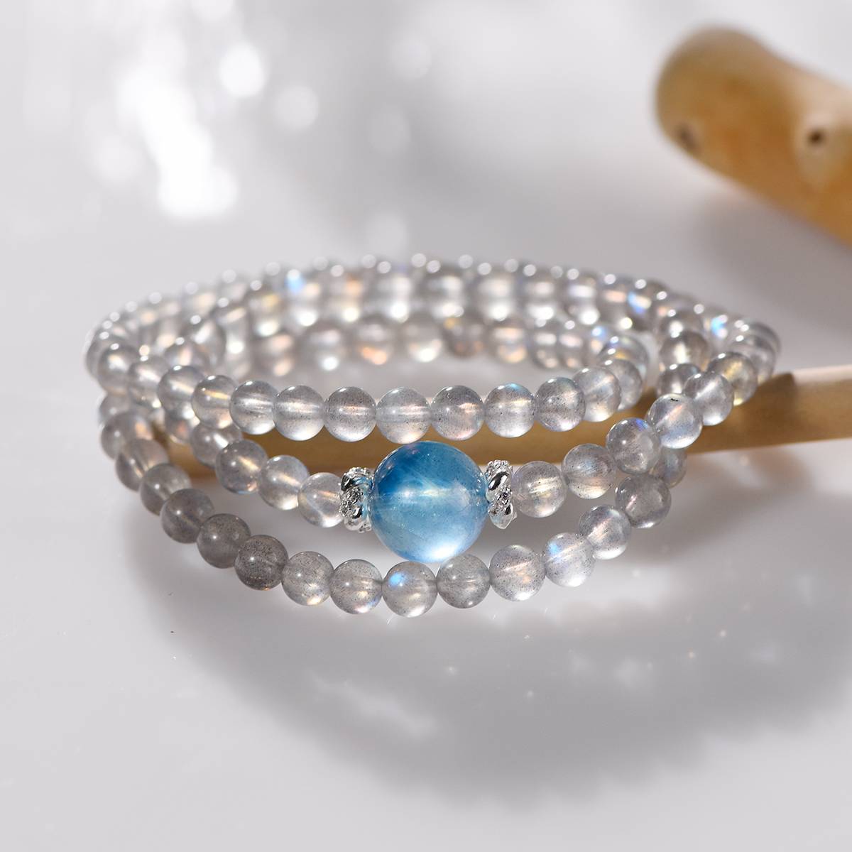 "Deep Dive Repair" Grey Moon Aquamarine Multi-Loop Transport Bead Bracelet: 6mm Grey Moon Matrix · 13mm Aquamarine Pivot · Silver Track Energy Net