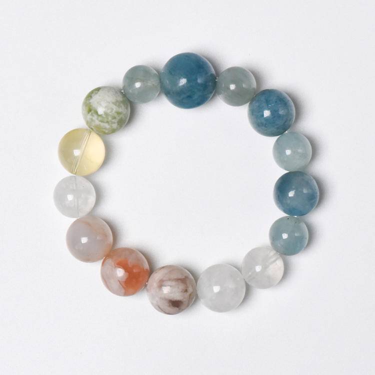 Sakura Promenade: Aquamarine, Xiuyan Jade & Cherry Blossom Agate Bracelet