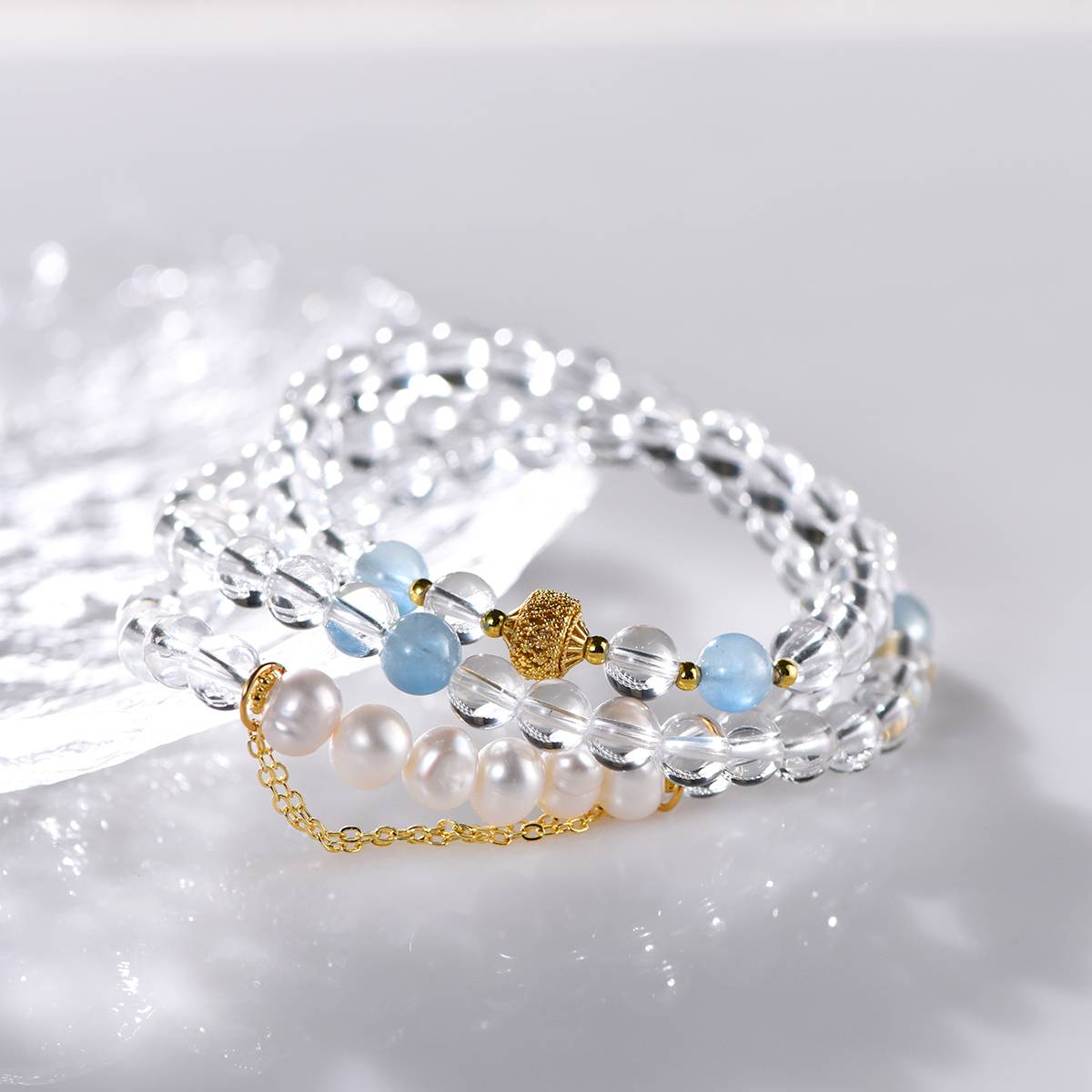 Azure Sanctuary: Triple Strand White Quartz, Aquamarine & Pearl Bracelet