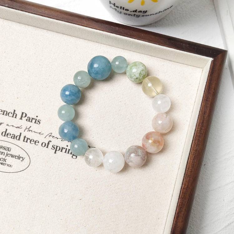 Sakura Promenade: Aquamarine, Xiuyan Jade & Cherry Blossom Agate Bracelet