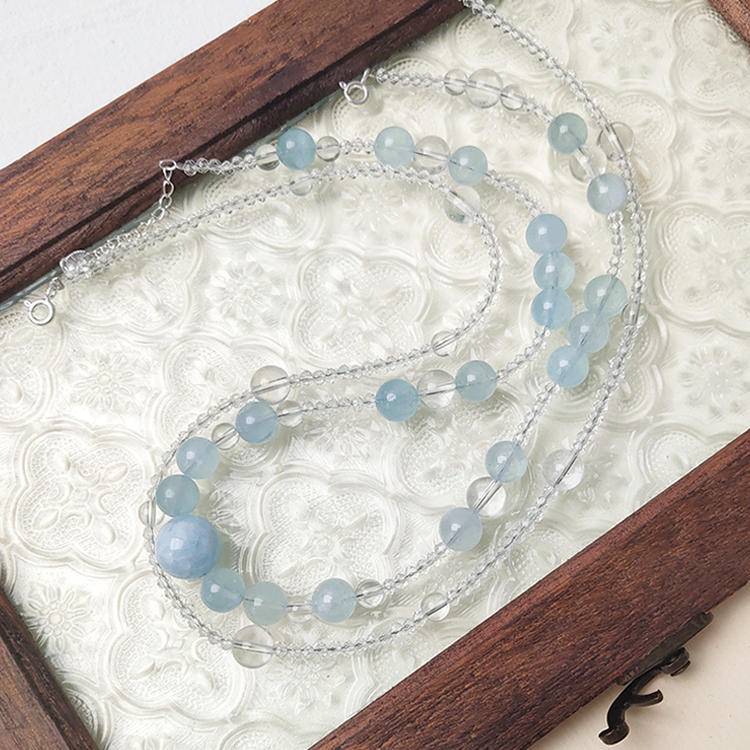 Double Chain layering · Double Tenderness: Aquamarine & White crystal double-loop layering necklace, locking in clear tranquility and pure energy