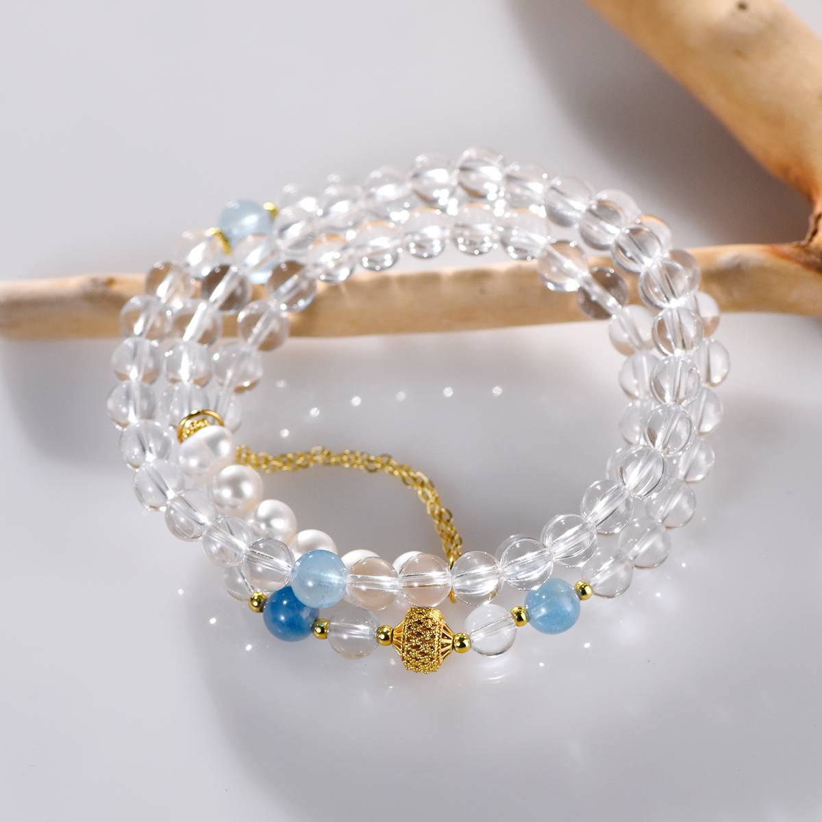 Azure Sanctuary: Triple Strand White Quartz, Aquamarine & Pearl Bracelet