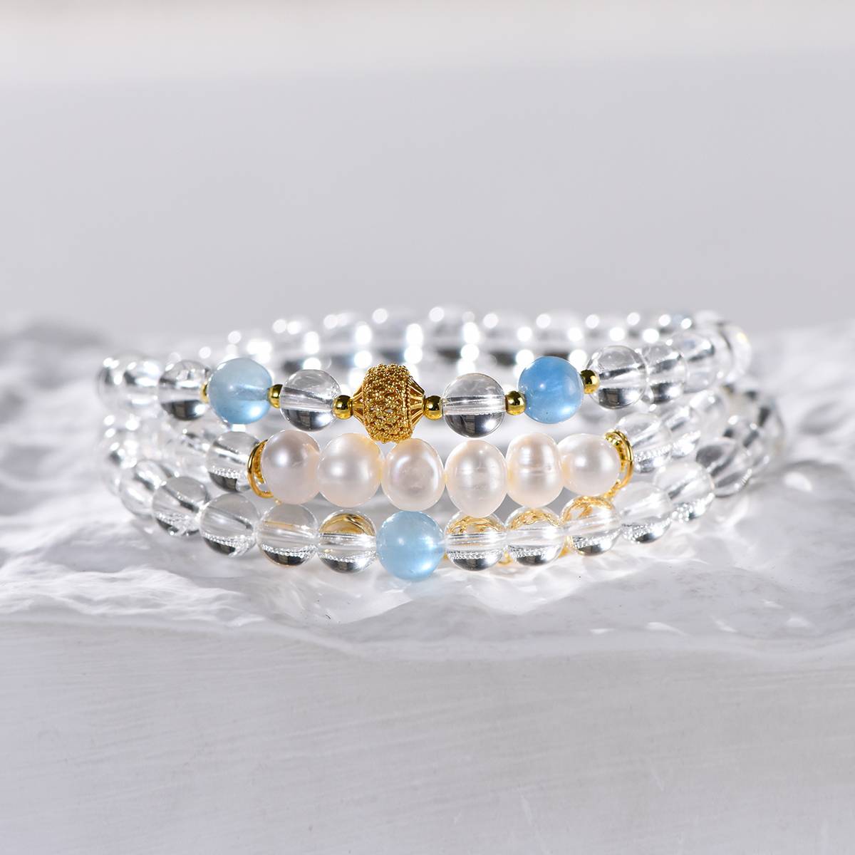 Azure Sanctuary: Triple Strand White Quartz, Aquamarine & Pearl Bracelet