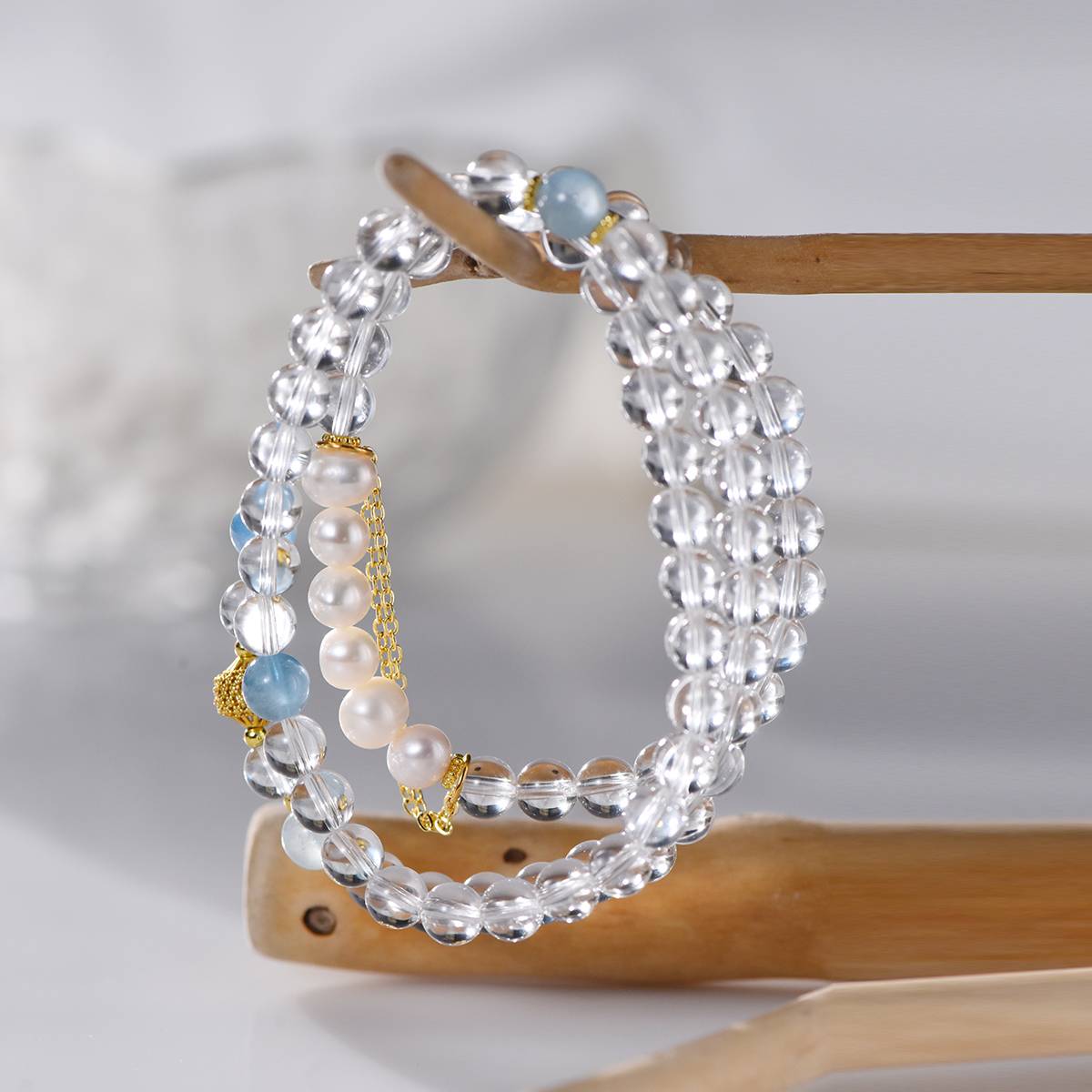 Azure Sanctuary: Triple Strand White Quartz, Aquamarine & Pearl Bracelet