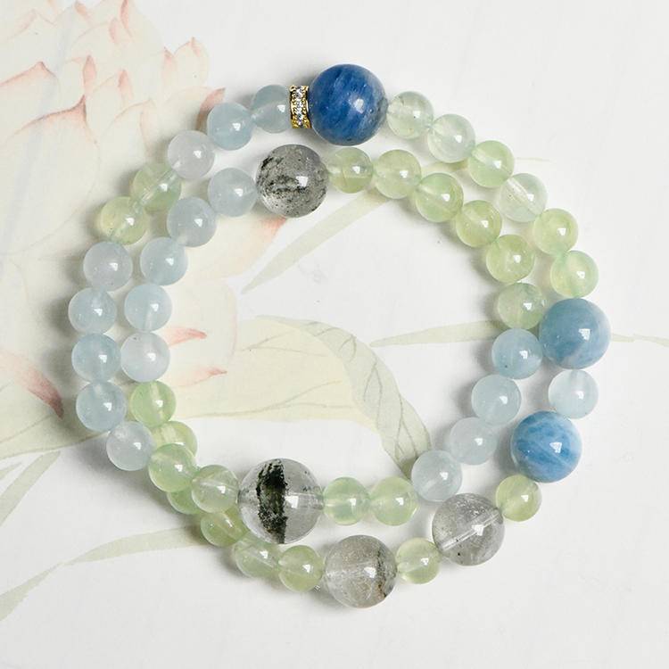 🌊🌿 The five elements water and wood shine together · Wisdom and wealth twin . Aquamarine Green Ghost Blue Crystal Double Loop bracelet