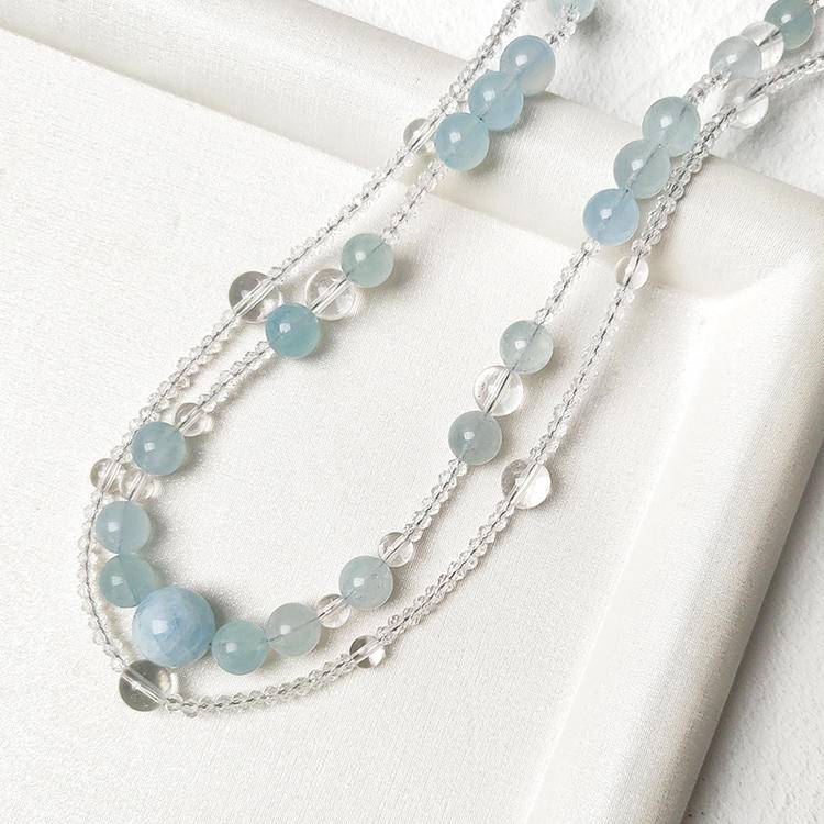 Double Chain layering · Double Tenderness: Aquamarine & White crystal double-loop layering necklace, locking in clear tranquility and pure energy