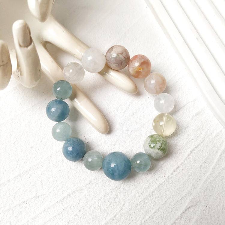Sakura Promenade: Aquamarine, Xiuyan Jade & Cherry Blossom Agate Bracelet
