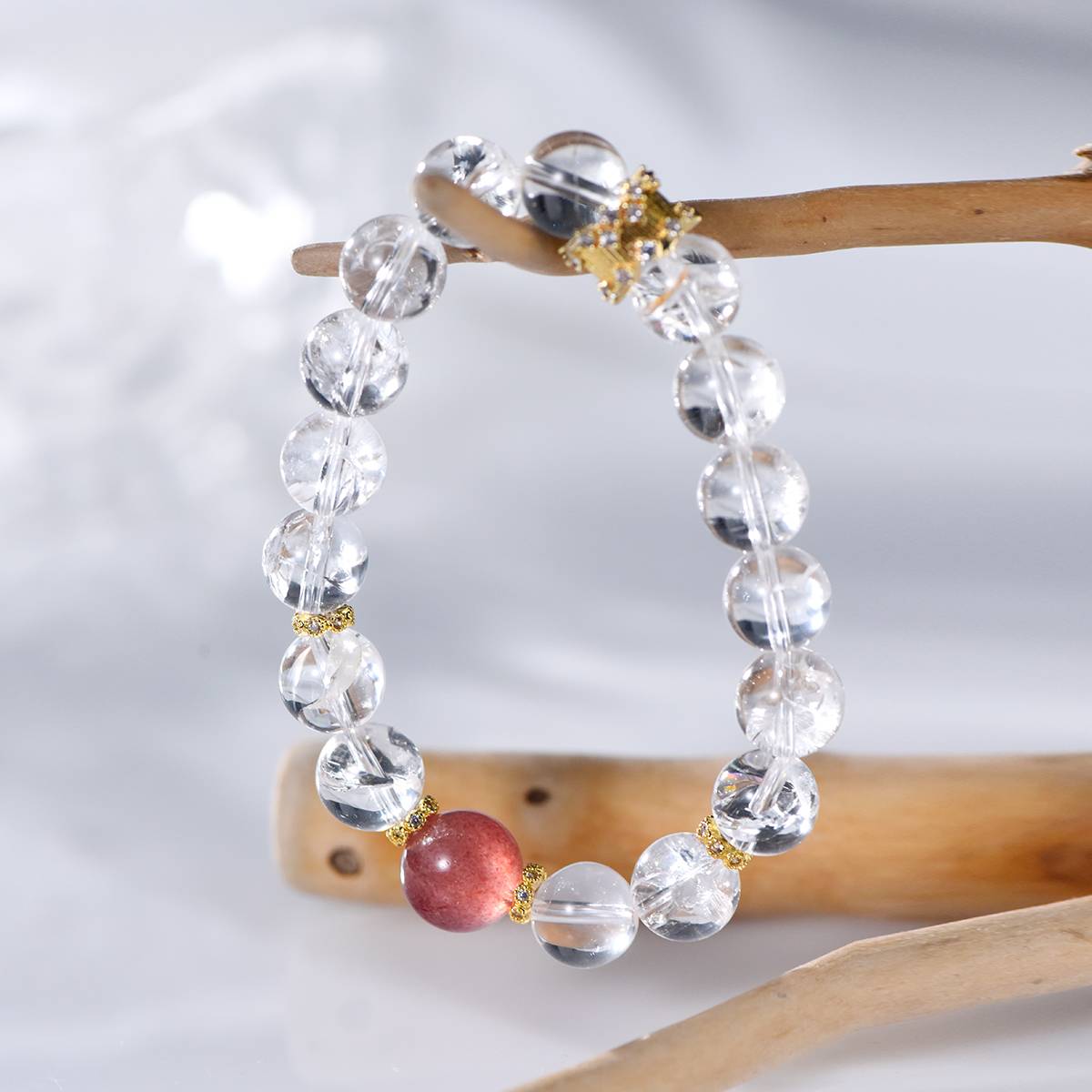 Rainbow Frequency: White Azeztulite & Strawberry Quartz 14K Gold Bracelet