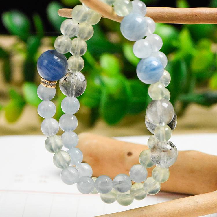 🌊🌿 The five elements water and wood shine together · Wisdom and wealth twin . Aquamarine Green Ghost Blue Crystal Double Loop bracelet