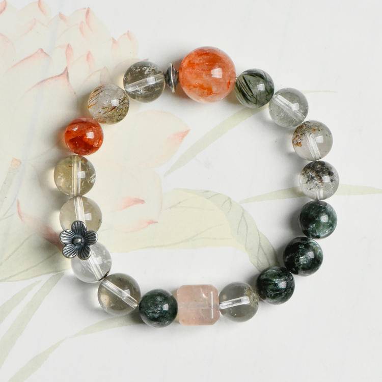 Green dragon crystal Green Ghost Red Gel Flower bracelet: 13mm Blood Flame top bead · Triple Green Energy Wealth Array
