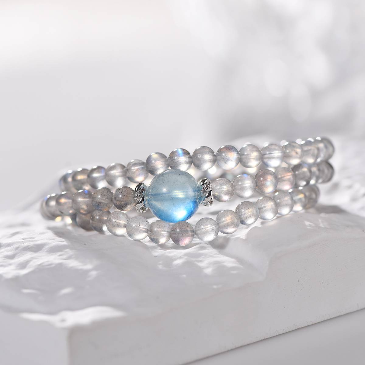 "Deep Dive Repair" Grey Moon Aquamarine Multi-Loop Transport Bead Bracelet: 6mm Grey Moon Matrix · 13mm Aquamarine Pivot · Silver Track Energy Net