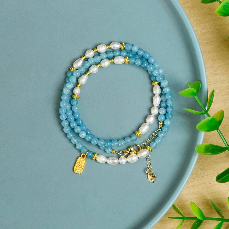 Necklace Name: "Mermaid's Tears" Aquamarine and Pearl Interwoven Collarbone chain