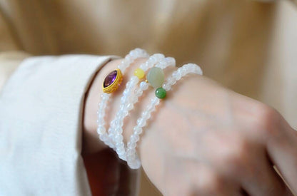 Moon Zen Court" Moonstone Multi-circle bracelet: Amethyst Attracts wisdom, amber Brings Blessings, Jade Guards Roots, Lotus Pod Conceals Truth, Gilt Adorns the moon