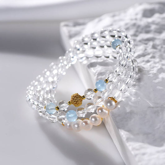 Azure Sanctuary: Triple Strand White Quartz, Aquamarine & Pearl Bracelet