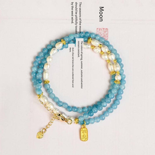 Necklace Name: "Mermaid's Tears" Aquamarine and Pearl Interwoven Collarbone chain