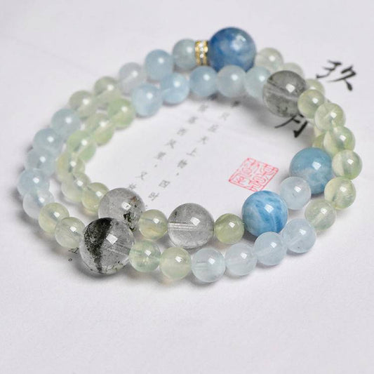 🌊🌿 The five elements water and wood shine together · Wisdom and wealth twin . Aquamarine Green Ghost Blue Crystal Double Loop bracelet